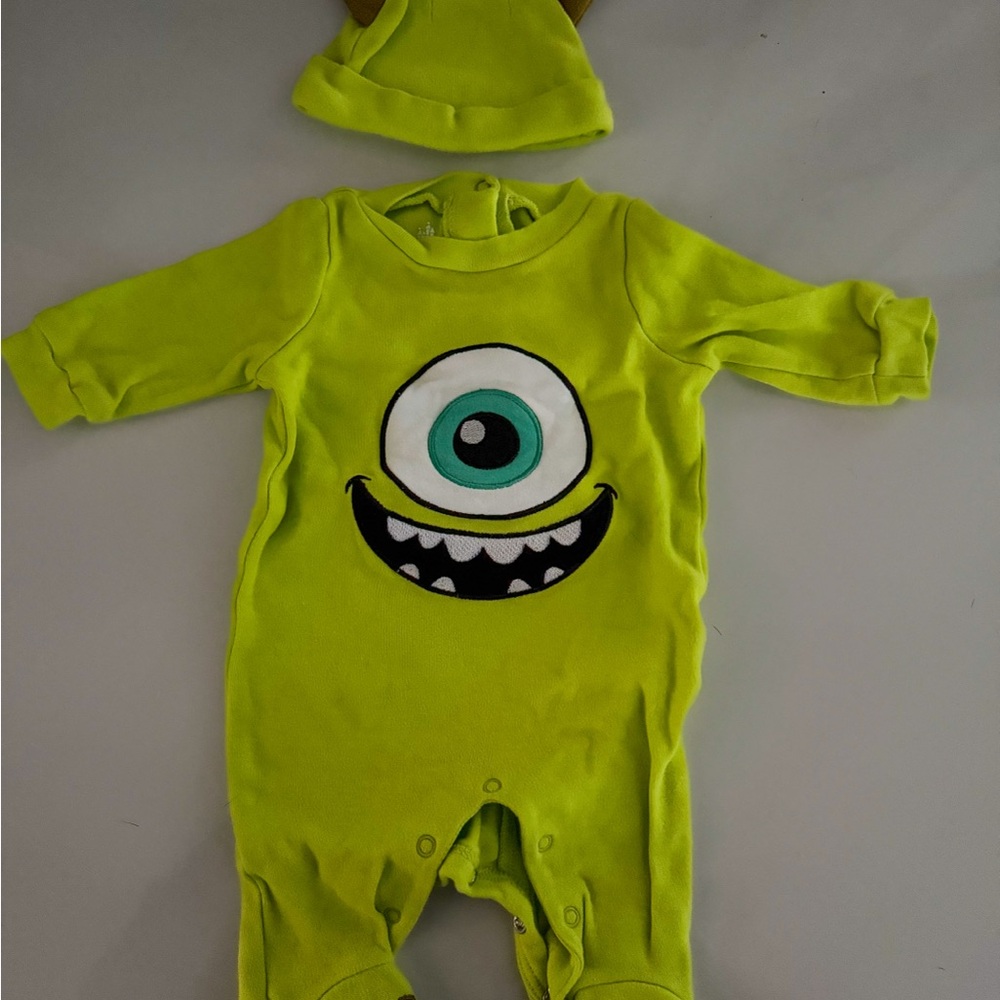 Disney Mike Wazowski Lime Green Monster Eye Footie one piece with hat